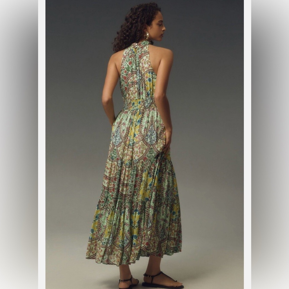 Anthropologie Floral Halter Maxi Dress in Mint, Yellow, Blue - Picture 3 of 8